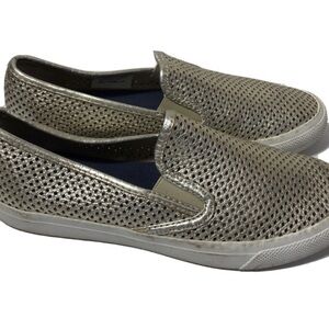 Sperry  Seaside Perforated Leather Metallic Slip Ons. Size 7.5.